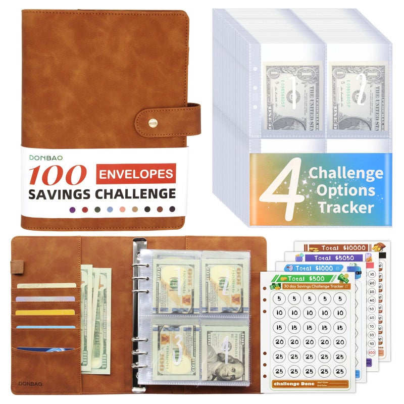 DONBAO 100 Envelopes Money Saving Challenge Binder  A5 Budget Binder with Envelopes and Challenge Tracker  Savings Challenges Planner Book to Save $500  $1000  $5050  $10000 (Brown) - Image 1